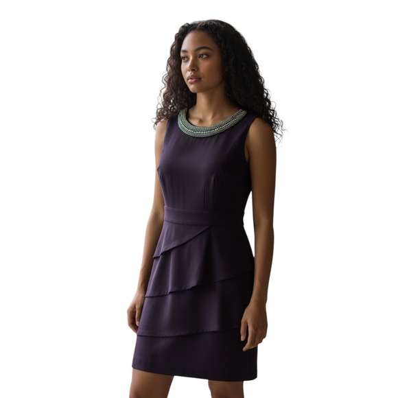 connected apparel Dresses & Skirts - Connected Apparel Women Purple Beaded Neckline Tiered Sheath Dress Size 6
